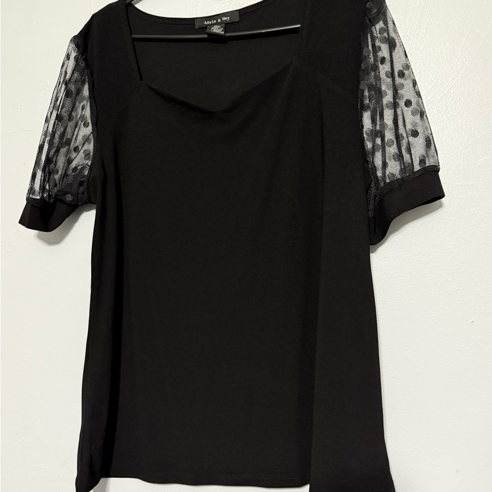 Elegant Black Blouse with Sheer Polka Dot Sleeves